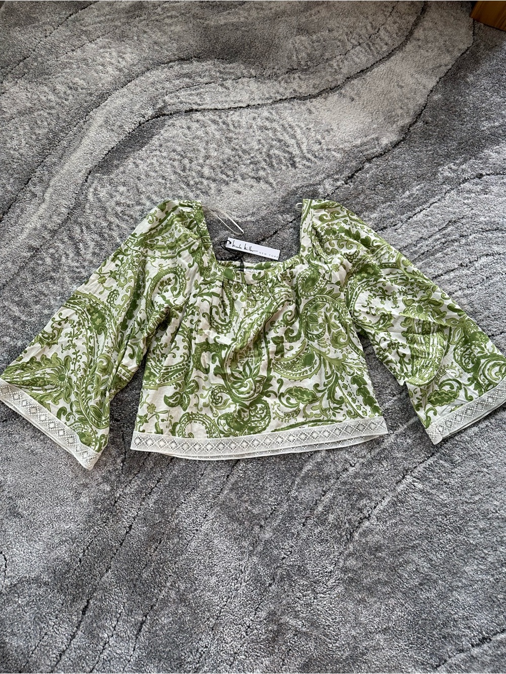J. Crew Green Paisley Peasant Top with Bell Sleeves